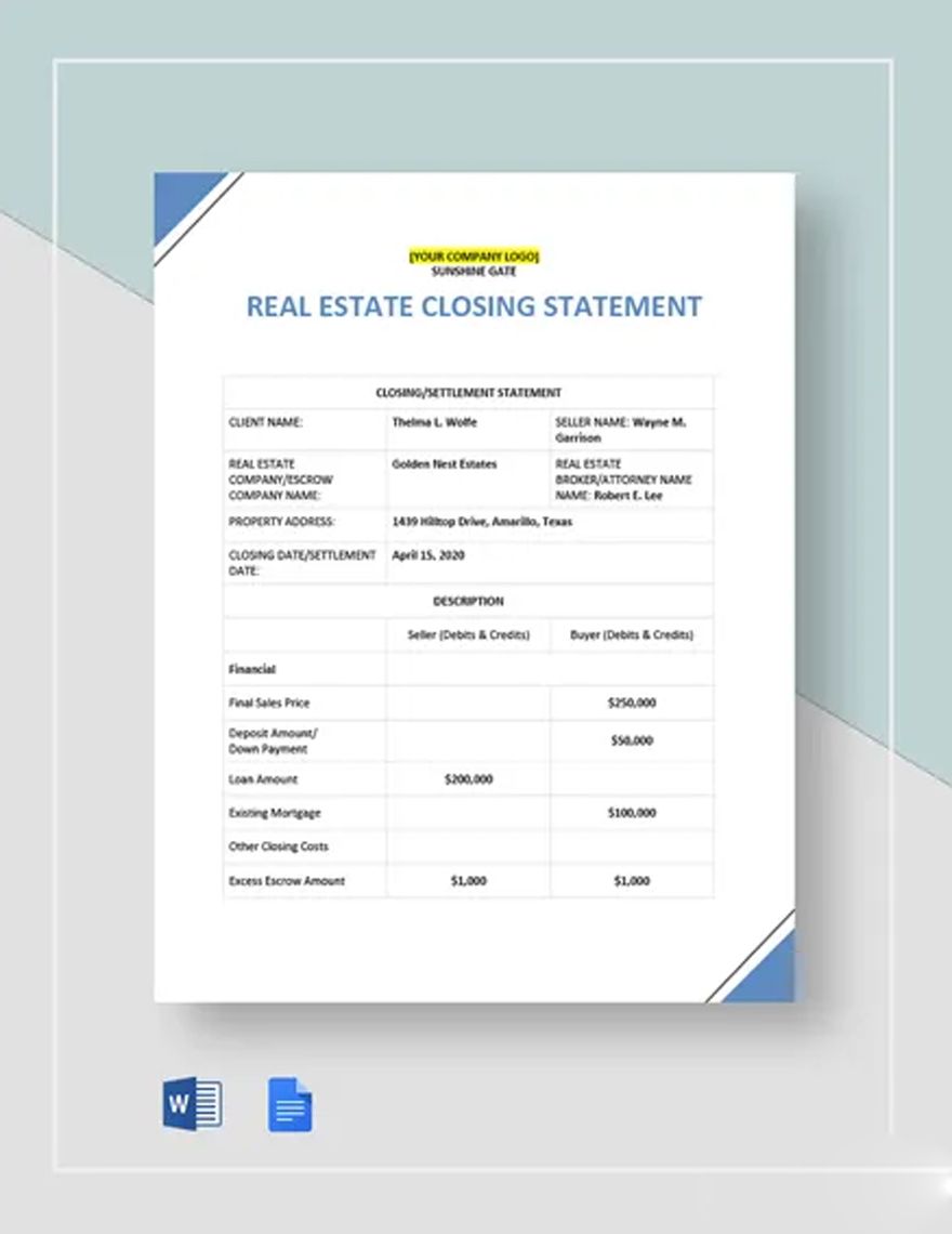 Real Estate Closing Statement Template Download In Word Google Docs 