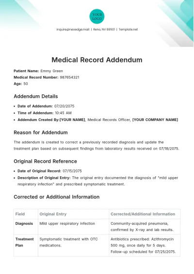 Free Medical Record Addendum Template to Edit Online