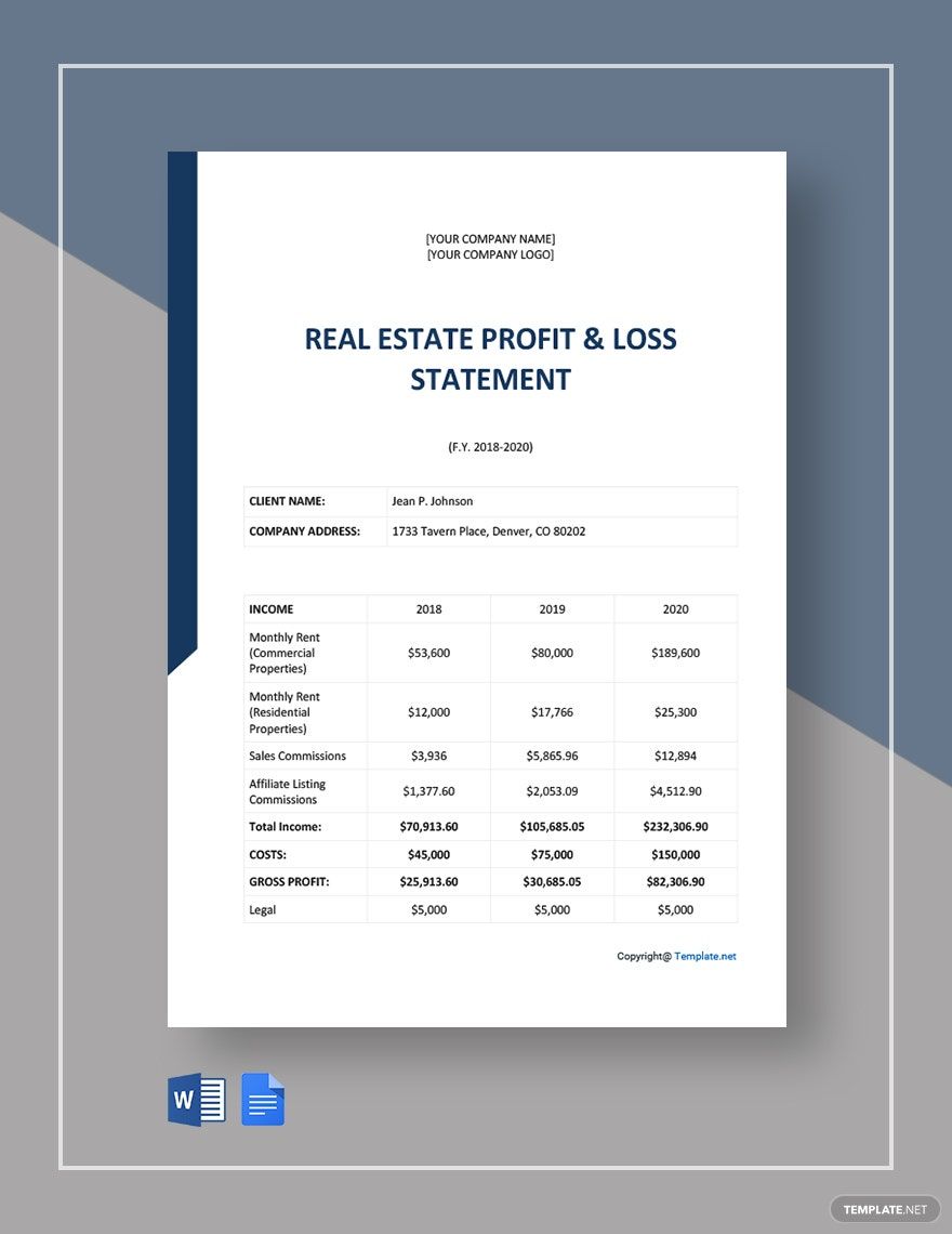 Real Estate Profit And Loss Statement Template