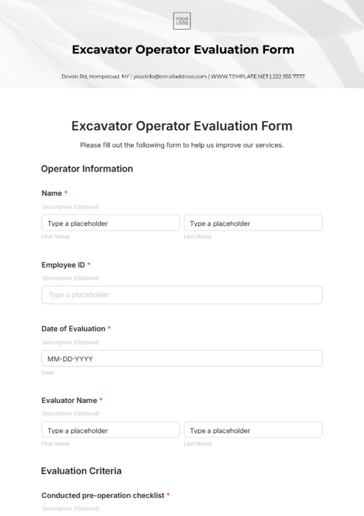 Excavator Operator Evaluation Form Template - Edit Online & Download