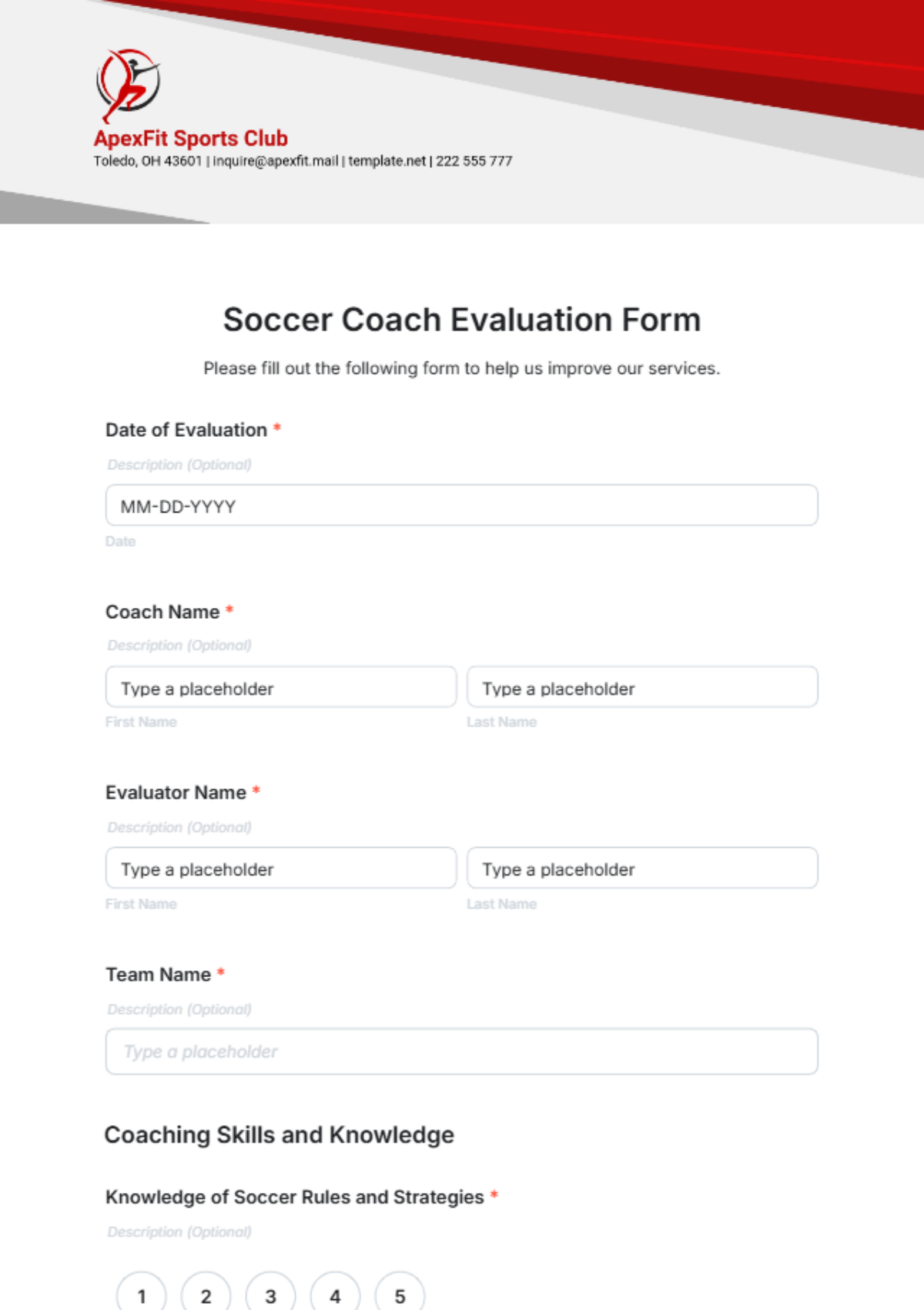 Soccer Coach Evaluation Form Template - Edit Online & Download