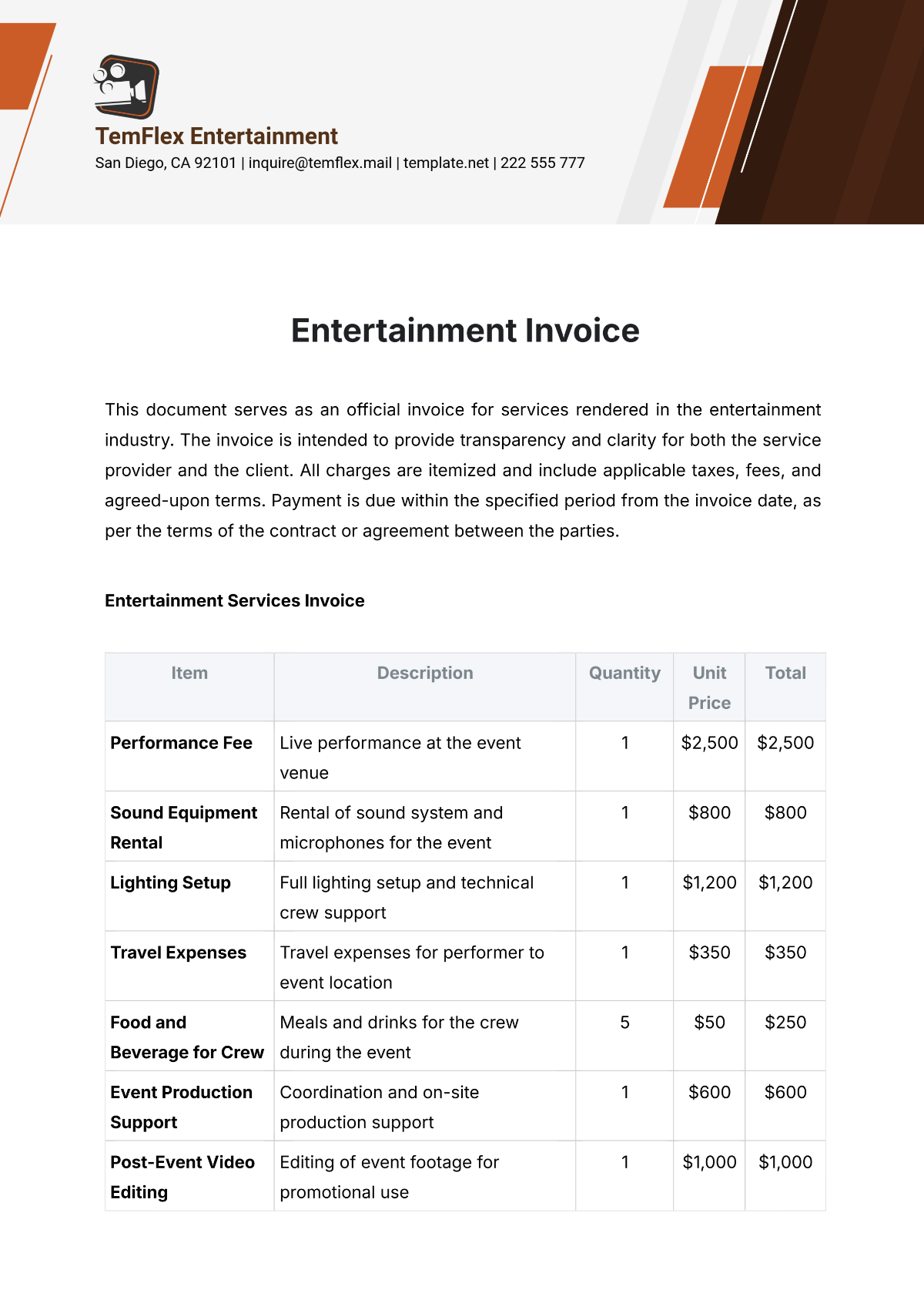 Free Entertainment Invoice Template