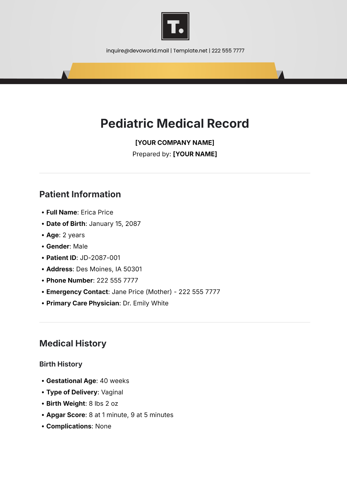 Pediatric Medical Record Template - Edit Online & Download