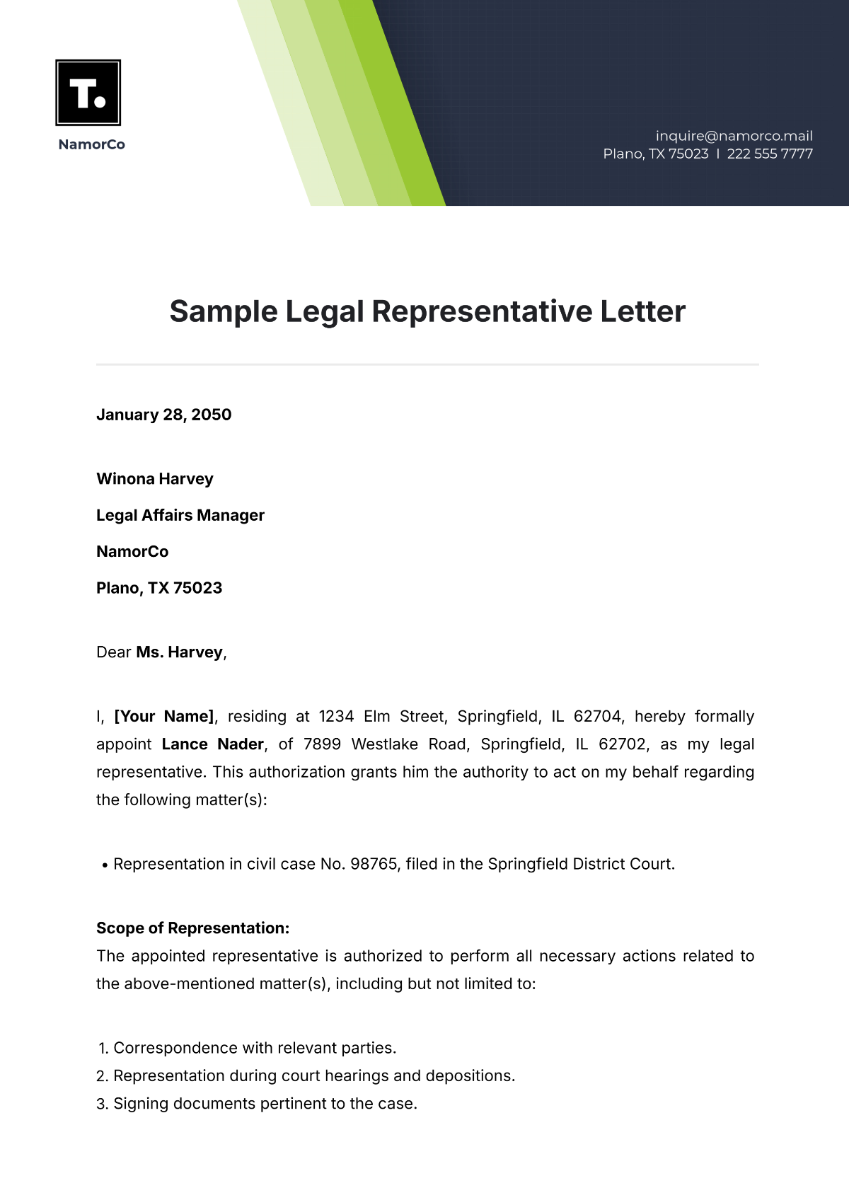 Sample Legal Representative Letter Template - Edit Online & Download