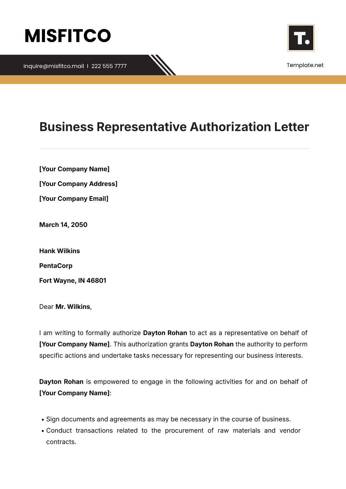 Business Representative Authorization Letter Template - Edit Online & Download