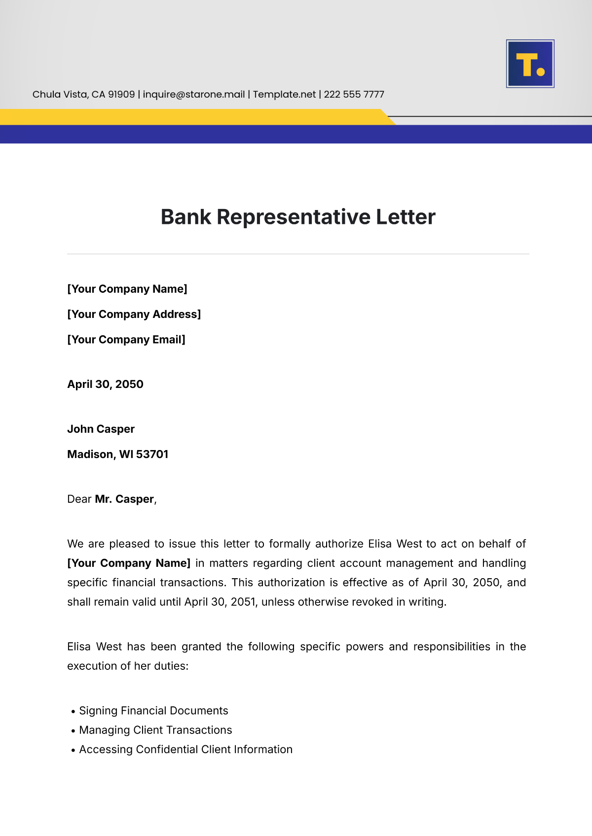 Bank Representative Letter Template - Edit Online & Download