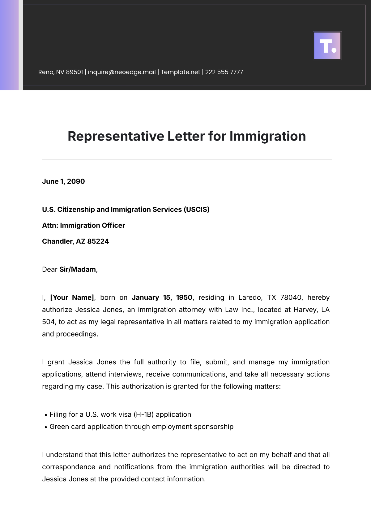 Representative Letter for Immigration Template - Edit Online & Download