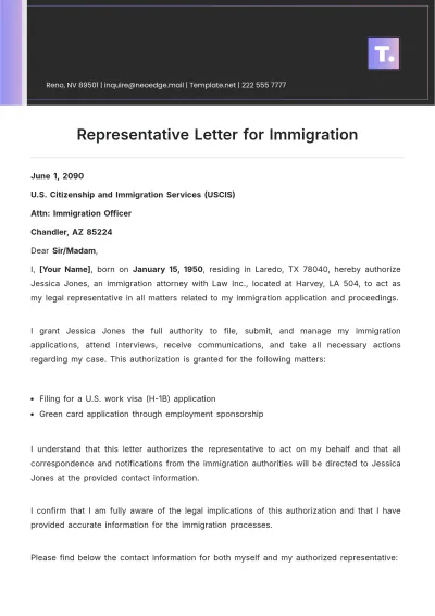 Free Representative Letter for Immigration Template to Edit Online