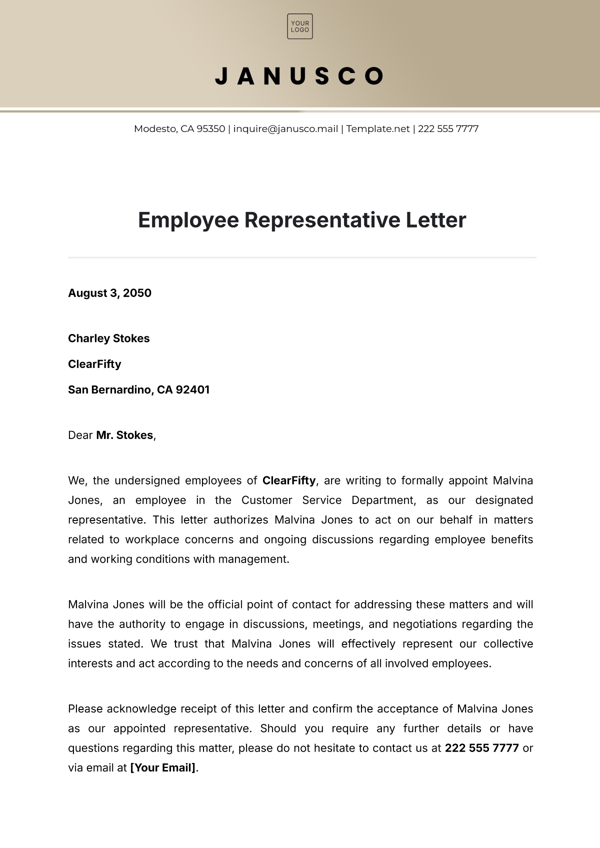 Employee Representative Letter Template - Edit Online & Download