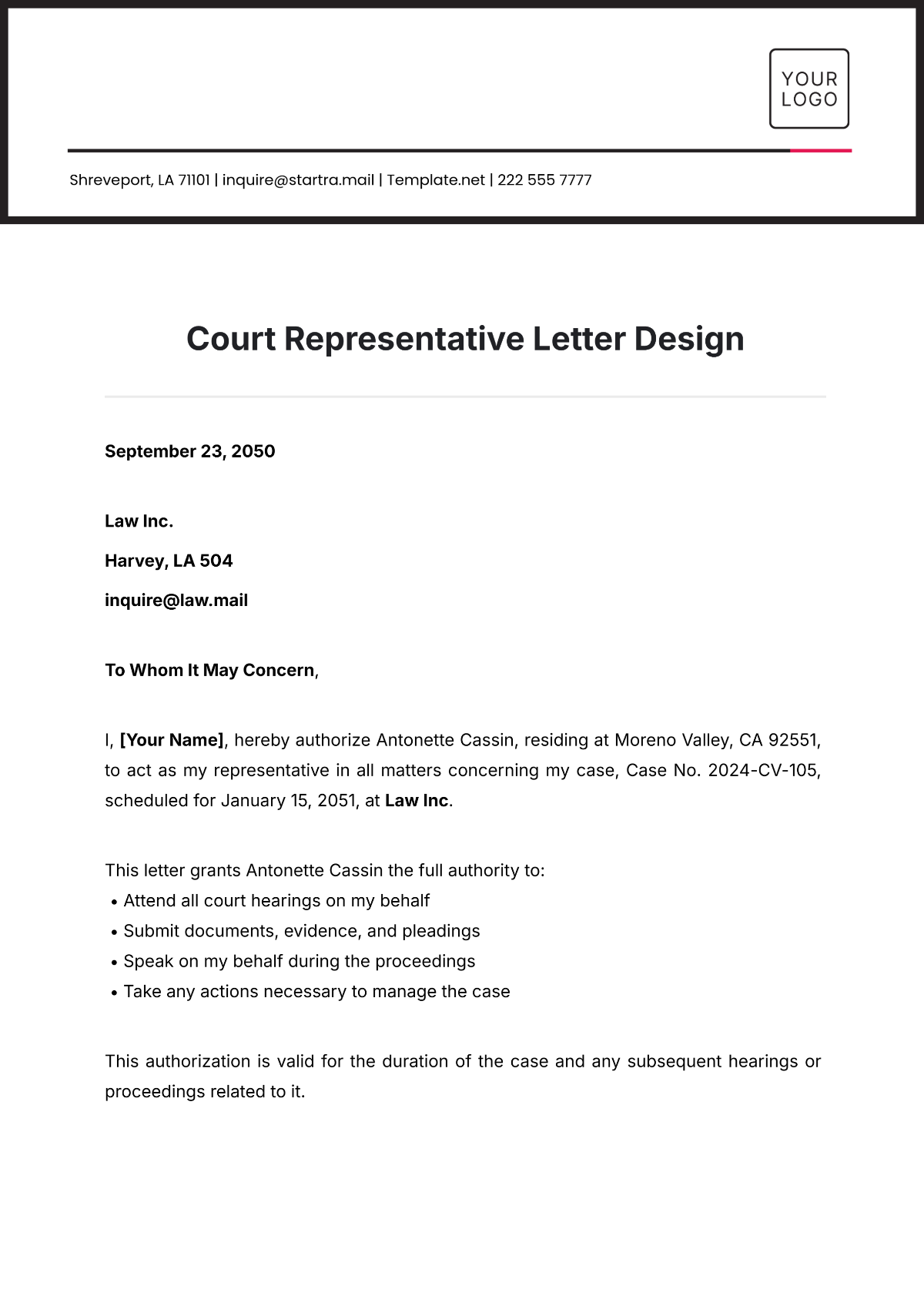 Court Representative Letter Design Template - Edit Online & Download