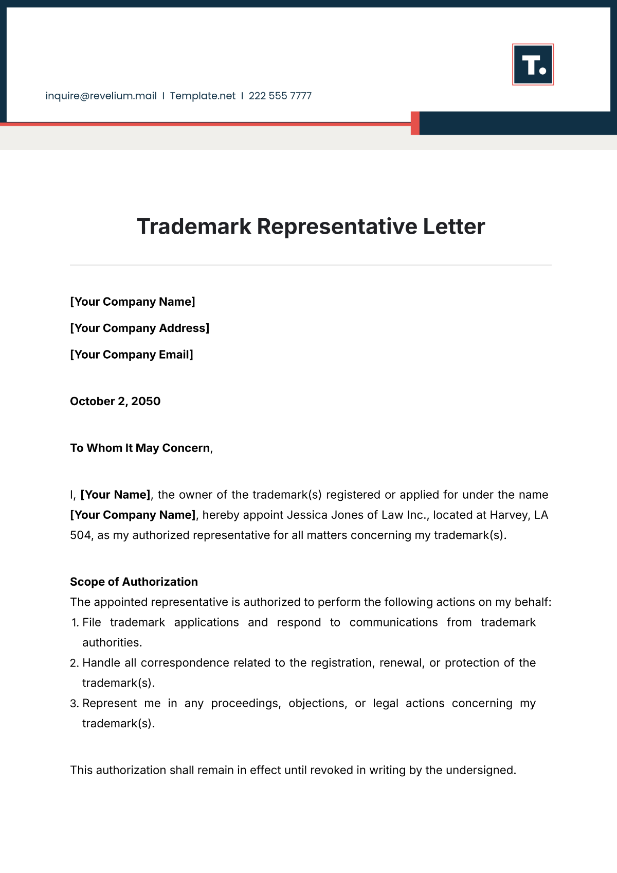 Trademark Representative Letter Template - Edit Online & Download