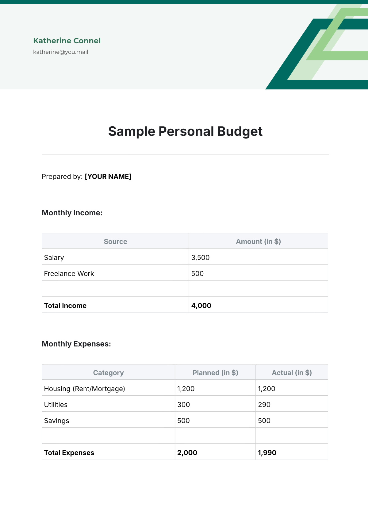 Sample Personal Budget Template - Edit Online & Download