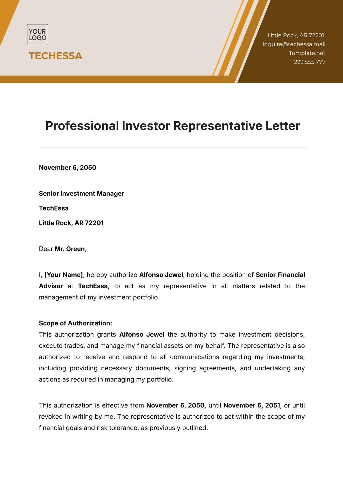 Professional Investor Representative Letter Template - Edit Online & Download