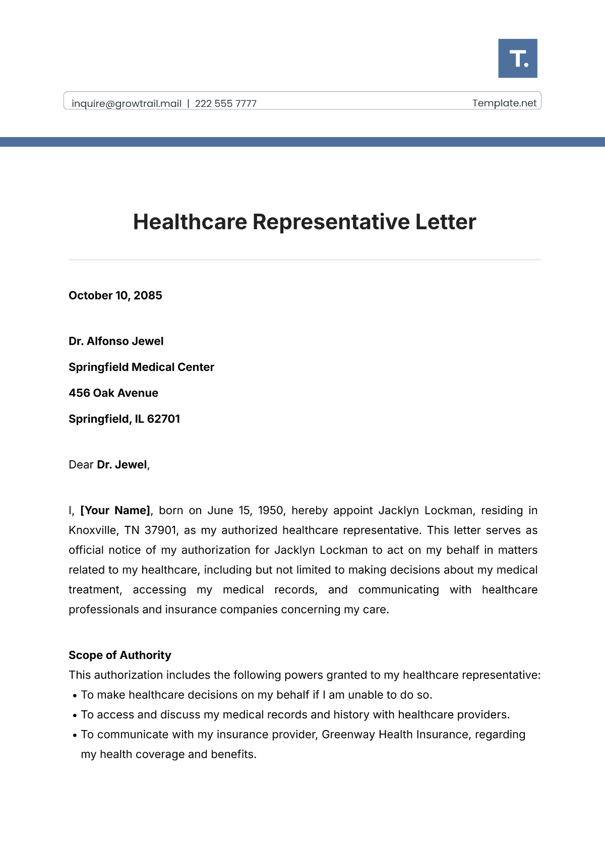 Healthcare Representative Letter Template - Edit Online & Download