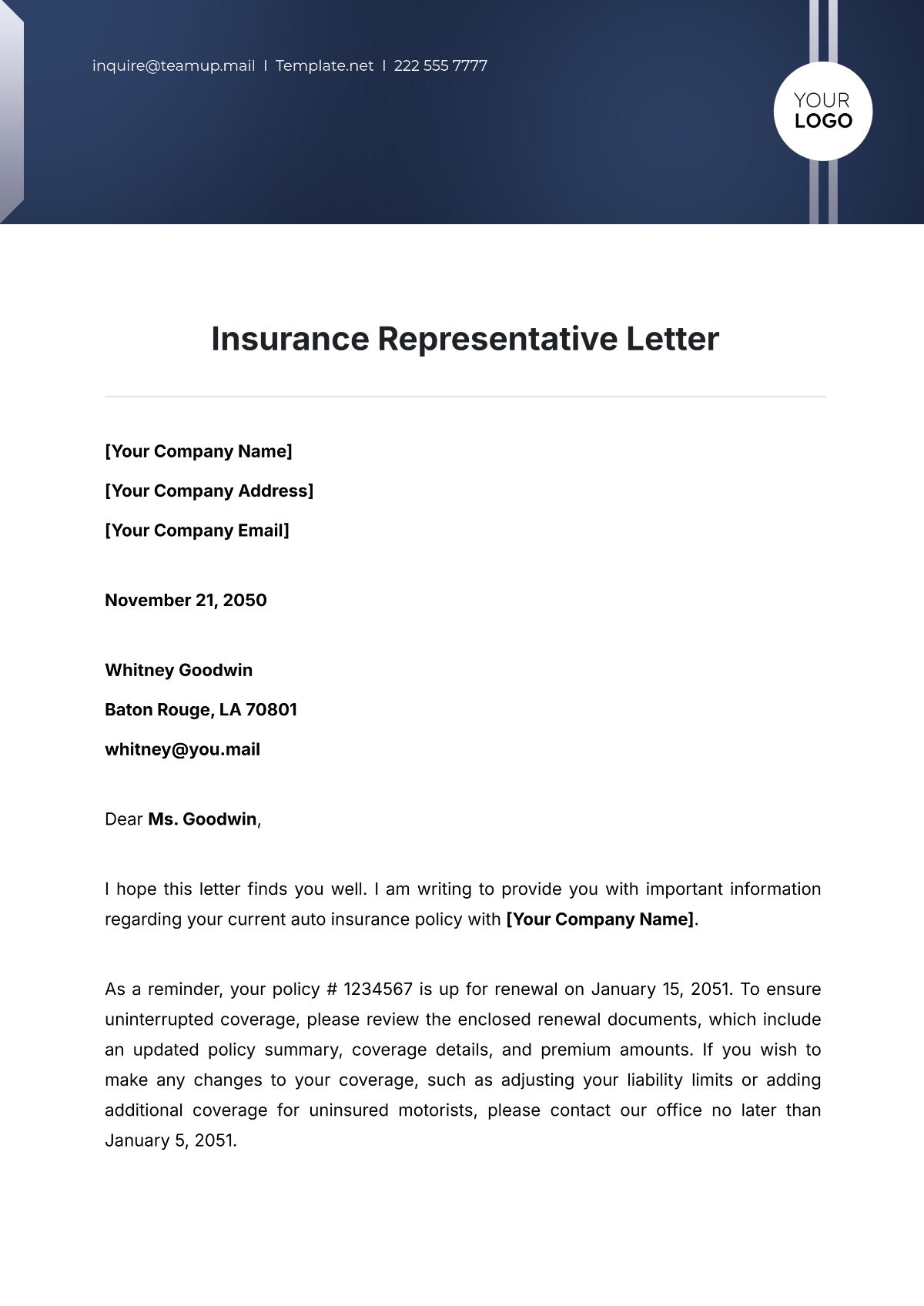 Insurance Representative Letter Template - Edit Online & Download