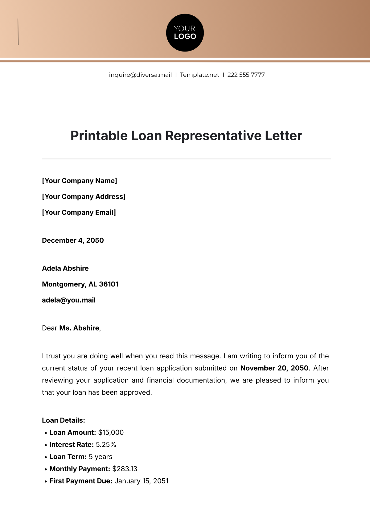 Printable Loan Representative Letter Template - Edit Online & Download