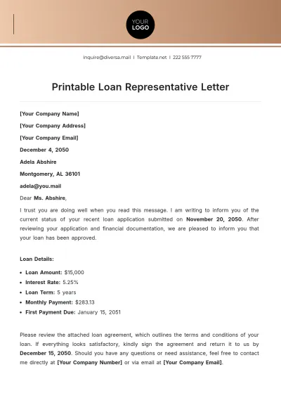 Free Printable Loan Representative Letter Template to Edit Online