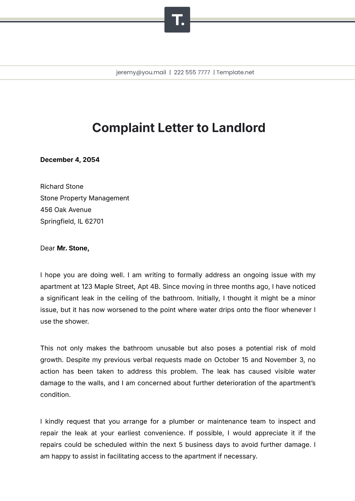 Complaint Letter to Landlord Letter Template - Edit Online & Download