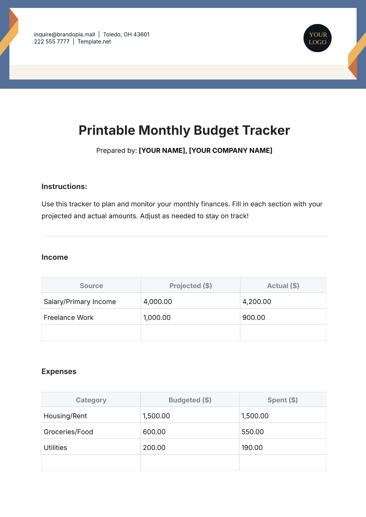 Printable Monthly Budget Tracker Template - Edit Online & Download