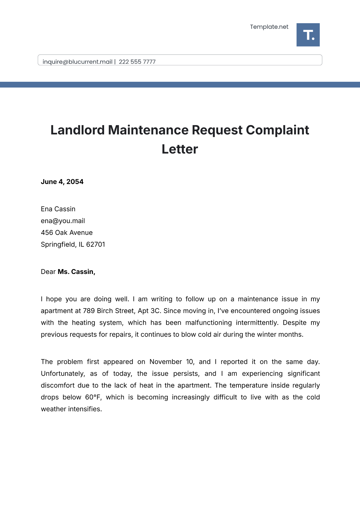 Landlord Maintenance Request Complaint Letter Template - Edit Online & Download