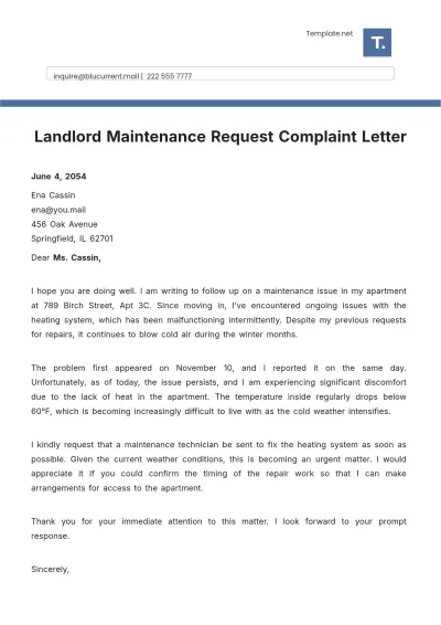 Free Landlord Maintenance Request Complaint Letter Template to Edit Online