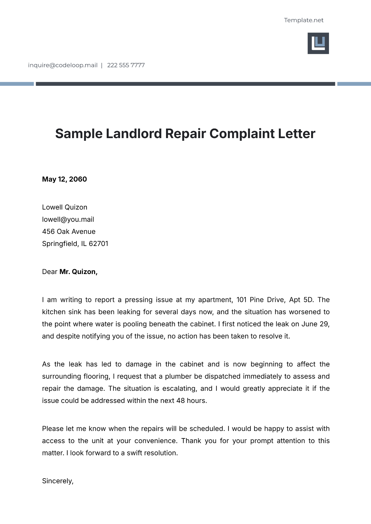 Sample Landlord Repair Complaint Letter Template - Edit Online & Download