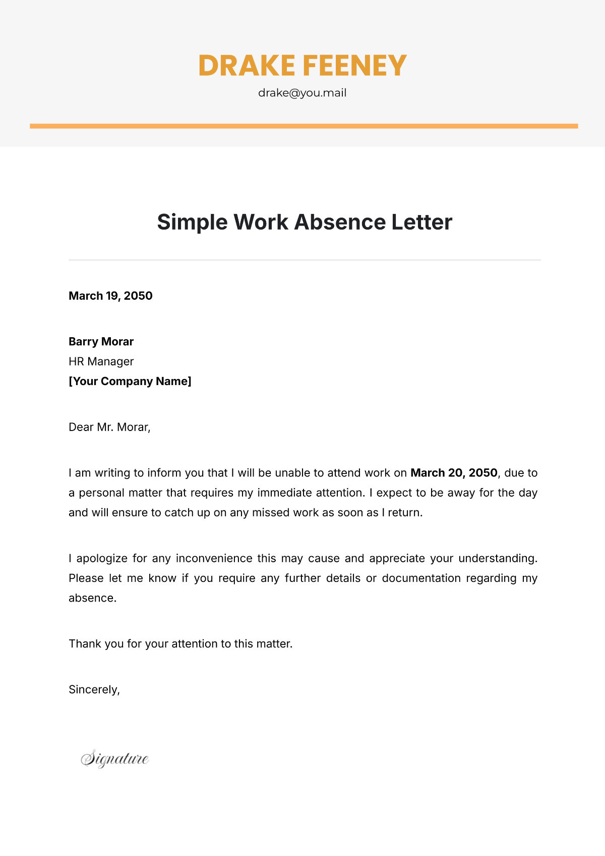 Simple Work Absence Letter Template