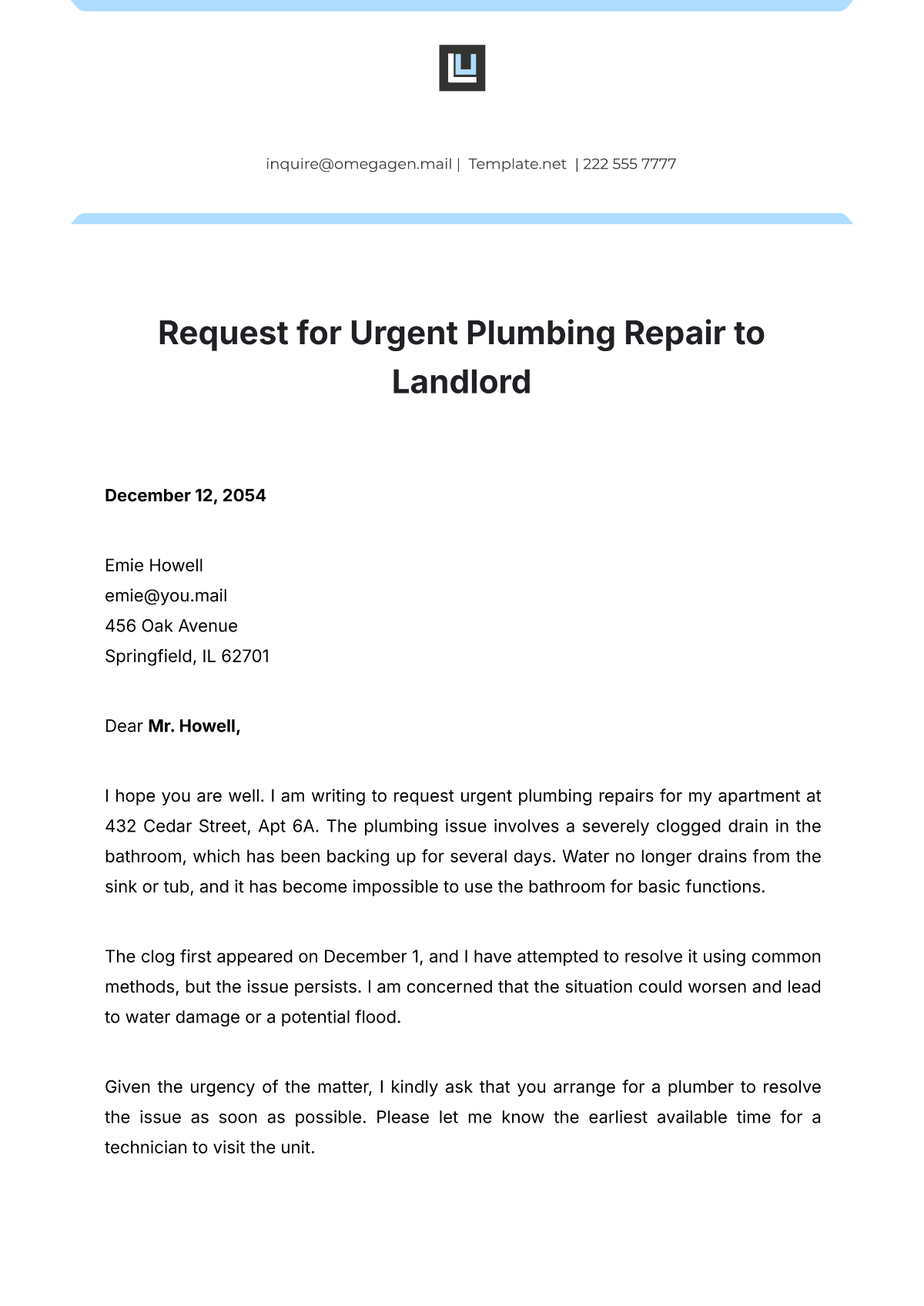 Free Request For Urgent Plumbing Repair To Landlord Template to Edit Online