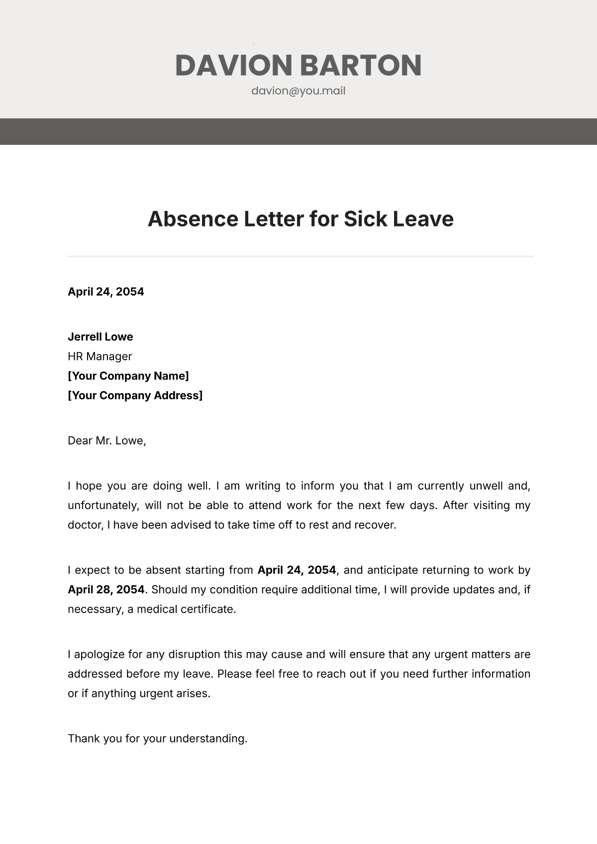 Absence Letter for Sick Leave Template