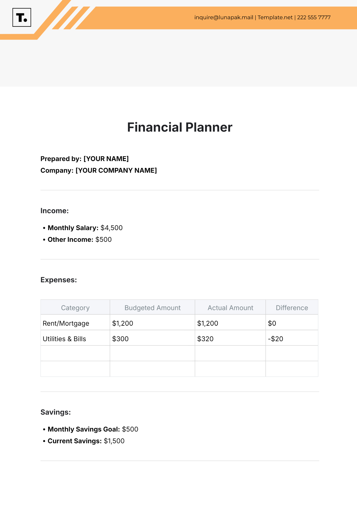 Financial Planner Template - Edit Online & Download