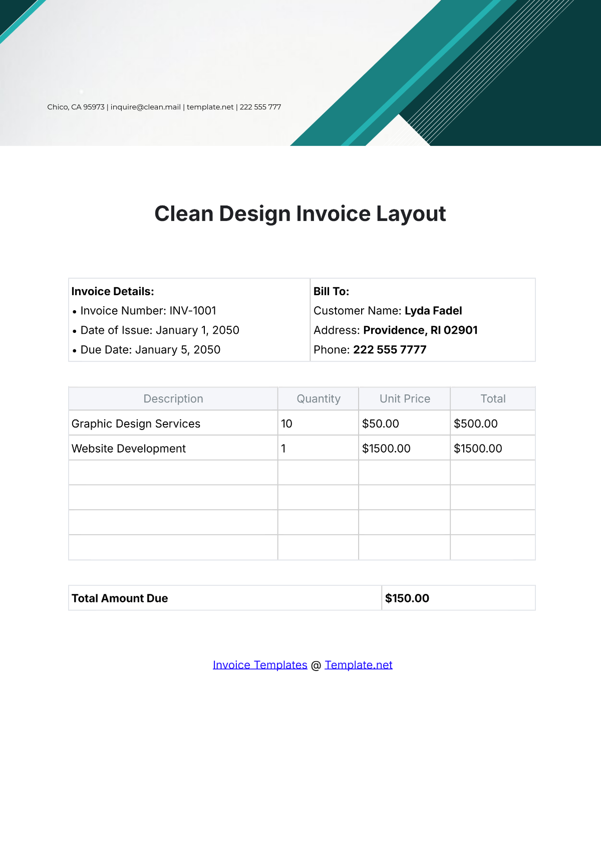 Clean Design Invoice Layout Template - Edit Online & Download