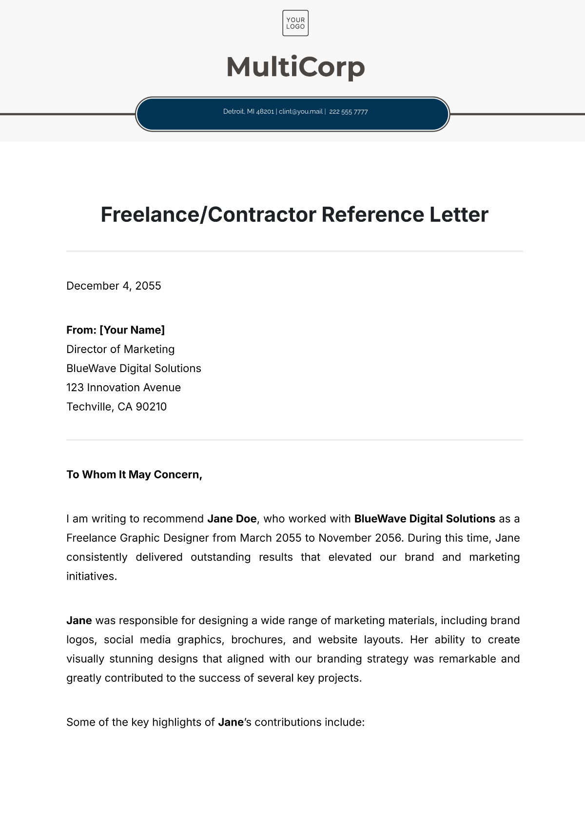 Freelance/Contractor Reference Letter Template - Edit Online & Download