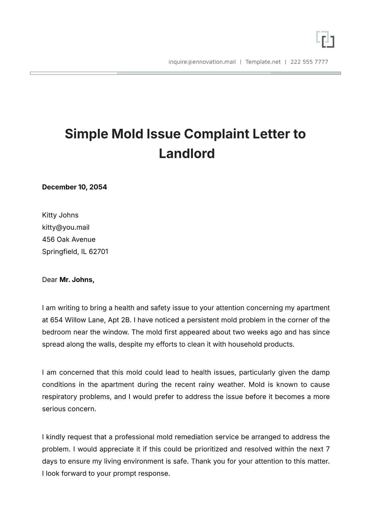 Simple Mold Issue Complaint Letter To Landlord Template - Edit Online & Download