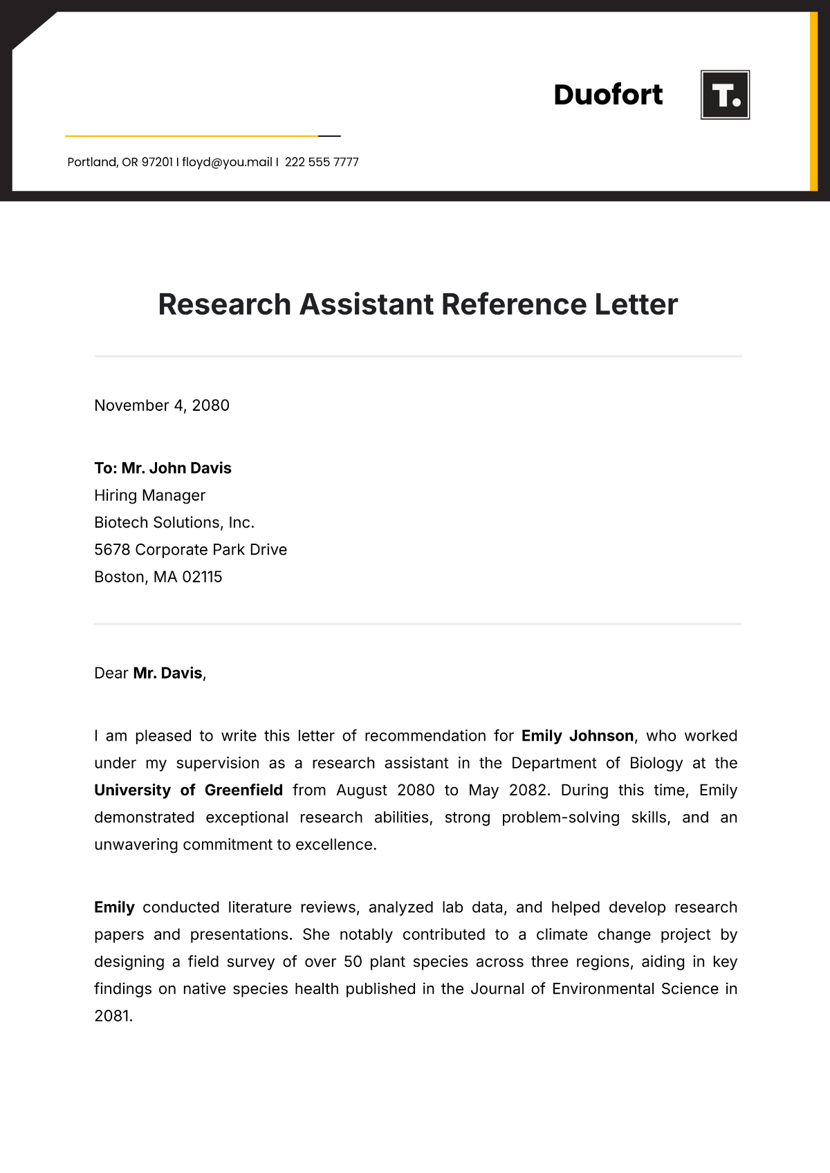 Research Assistant Reference Letter Template