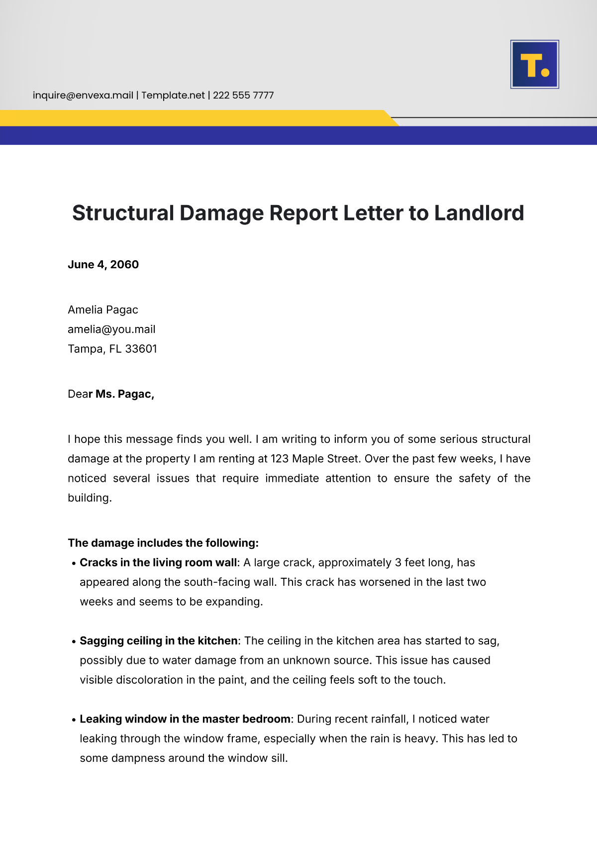 Structural Damage Report Letter To Landlord Template - Edit Online & Download