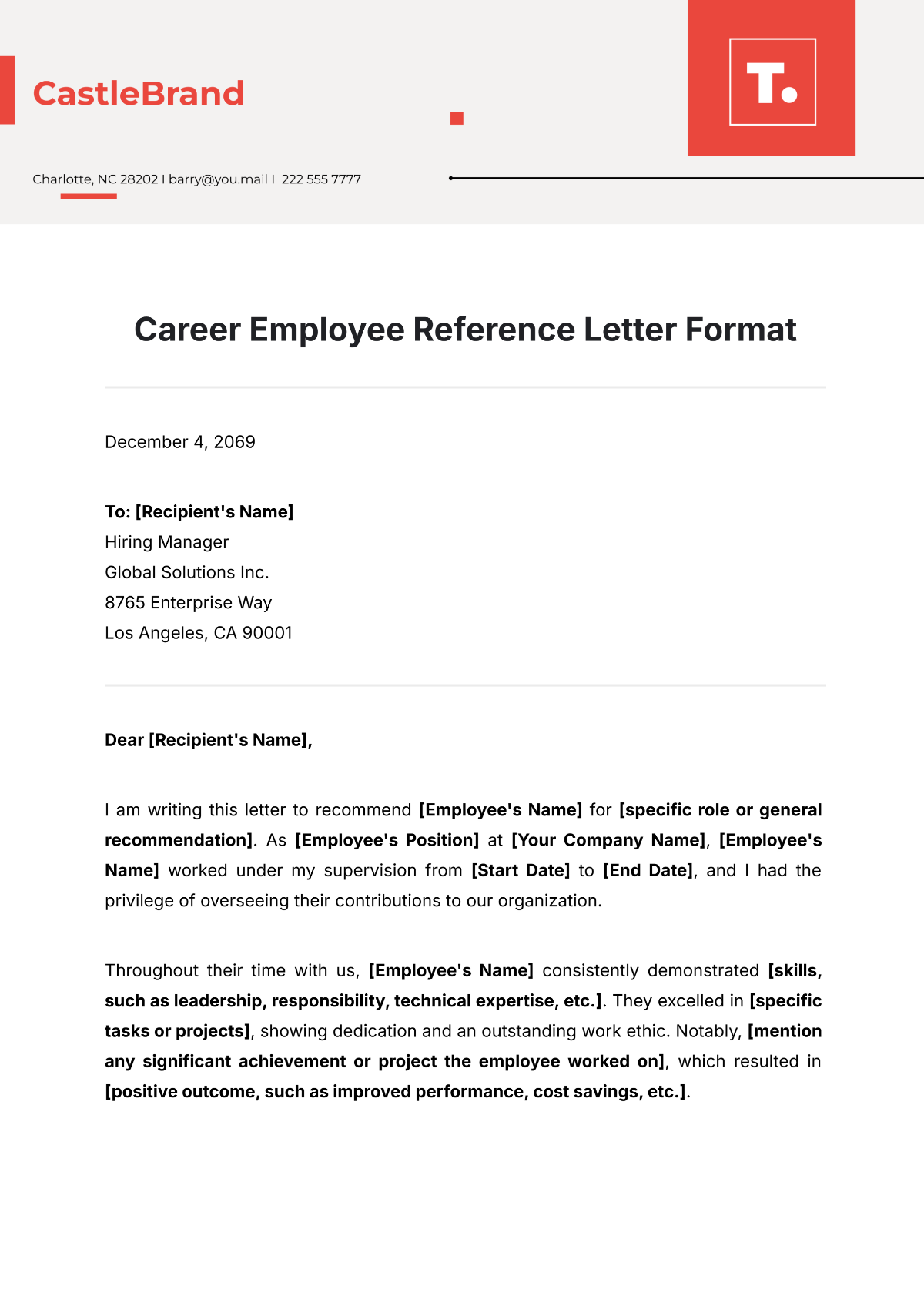 Career Employee Reference Letter Format Template