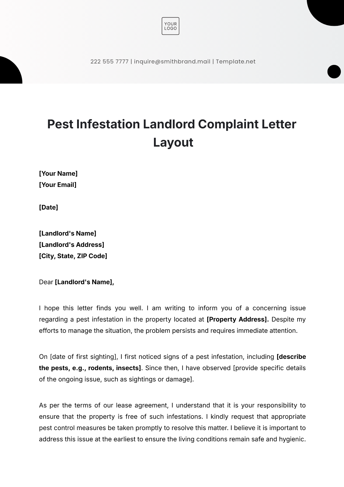 Pest Infestation Landlord Complaint Letter Layout Template - Edit Online & Download