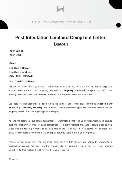 Free Pest Infestation Landlord Complaint Letter Layout Template to Edit Online