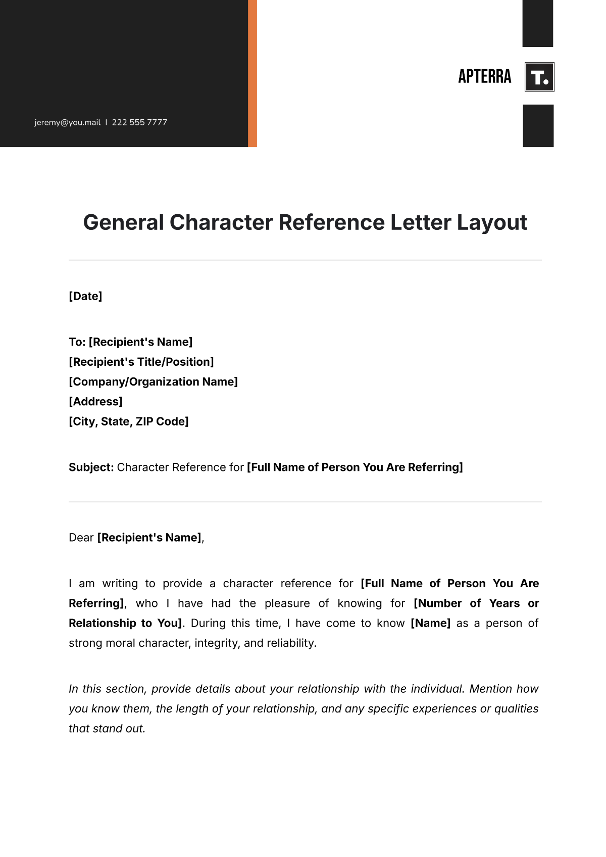 General Character Reference Letter Layout Template - Edit Online & Download