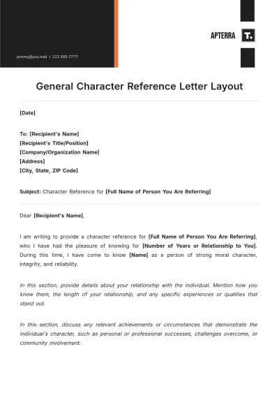 Free General Character Reference Letter Layout Template to Edit Online