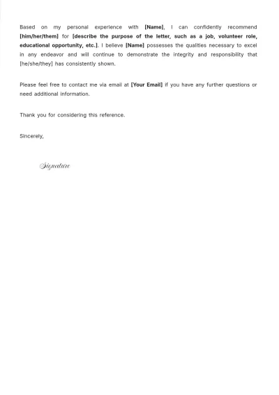 Free General Character Reference Letter Layout Template to Edit Online