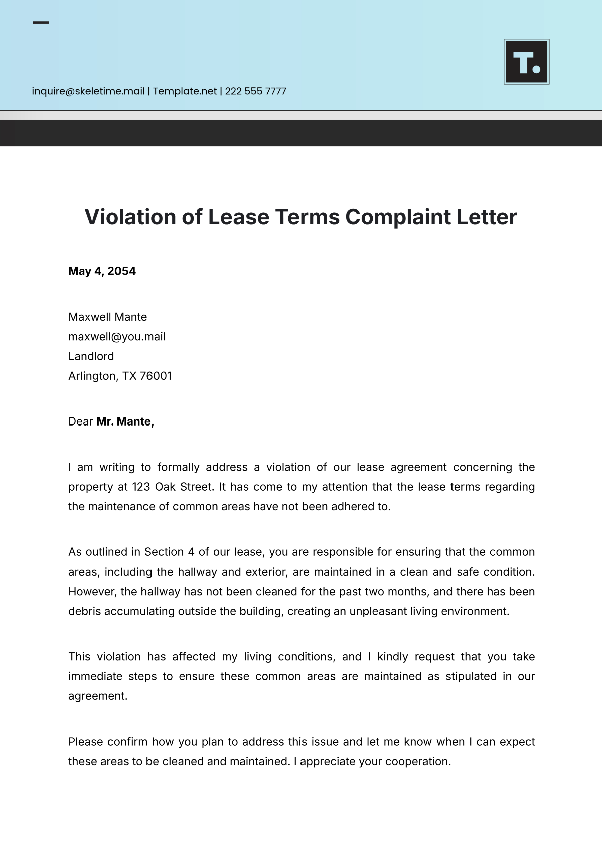 Violation Of Lease Terms Complaint Letter Of Landlord Template - Edit Online & Download