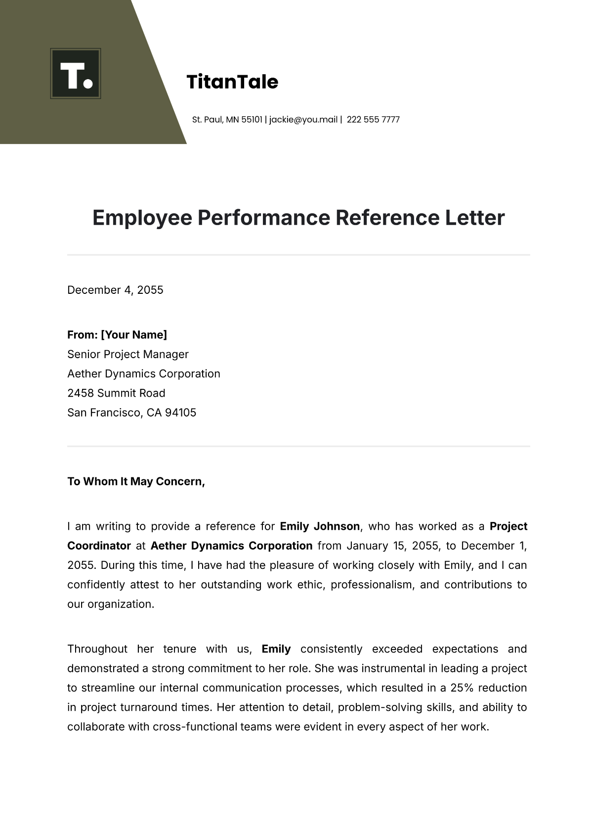 Employee Performance Reference Letter Template - Edit Online & Download