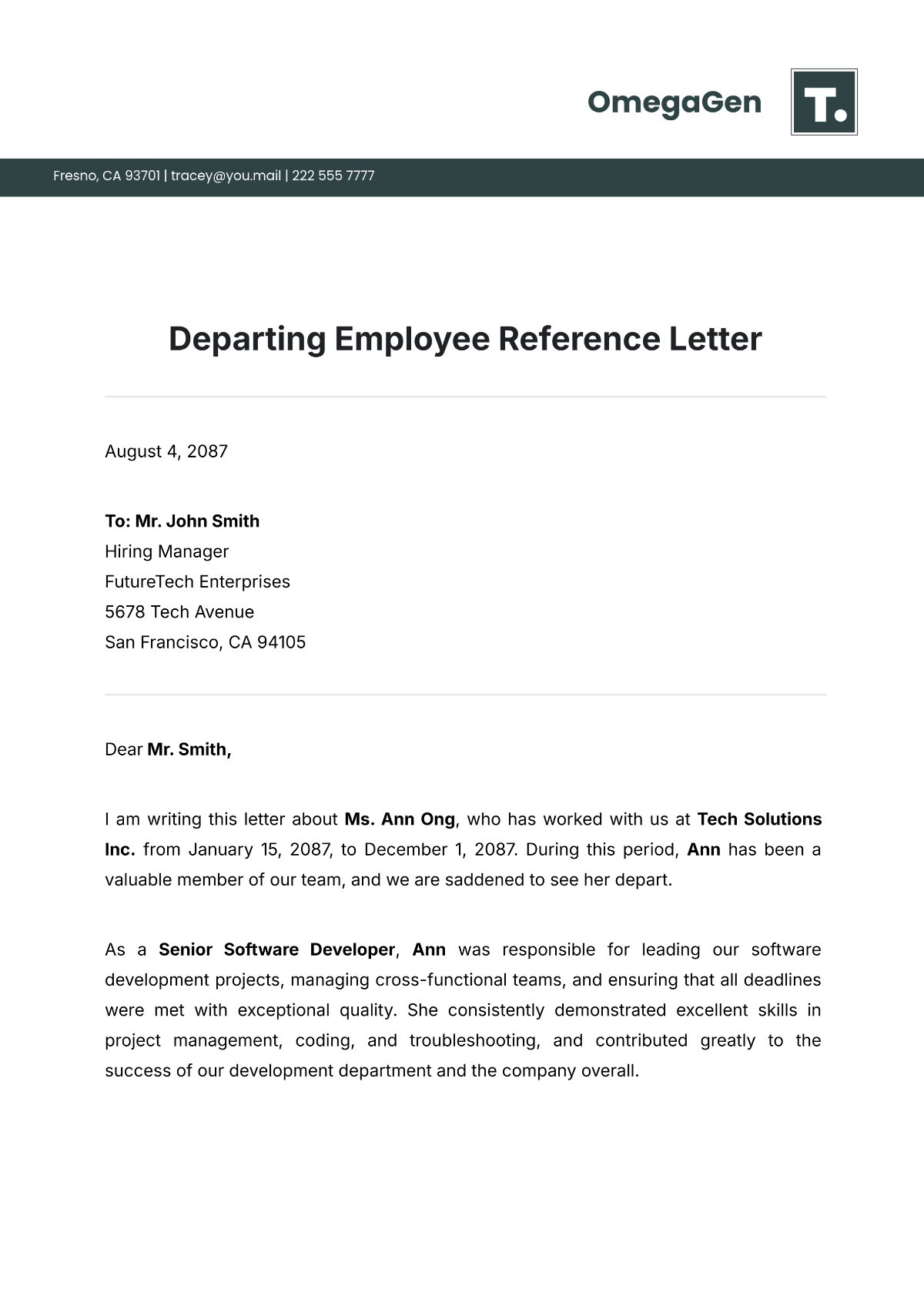 Departing Employee Reference Letter Template - Edit Online & Download