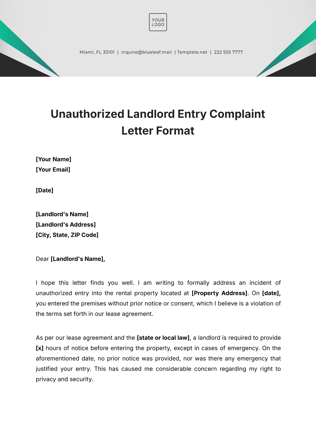 Unauthorized Landlord Entry Complaint Letter Format Template - Edit Online & Download