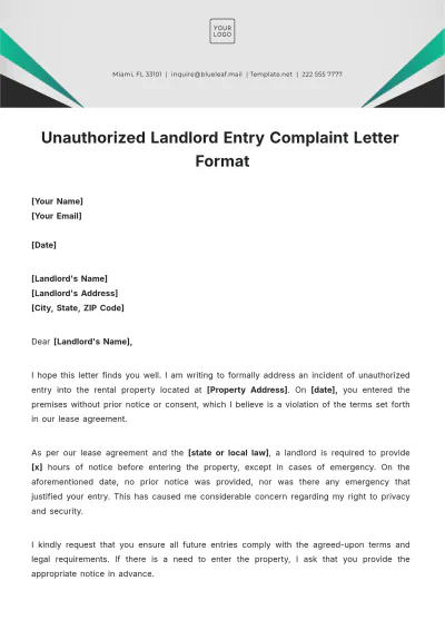 Free Unauthorized Landlord Entry Complaint Letter Format Template to Edit Online