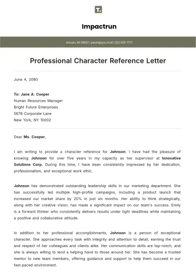 Free Professional Character Reference Letter Template to Edit Online