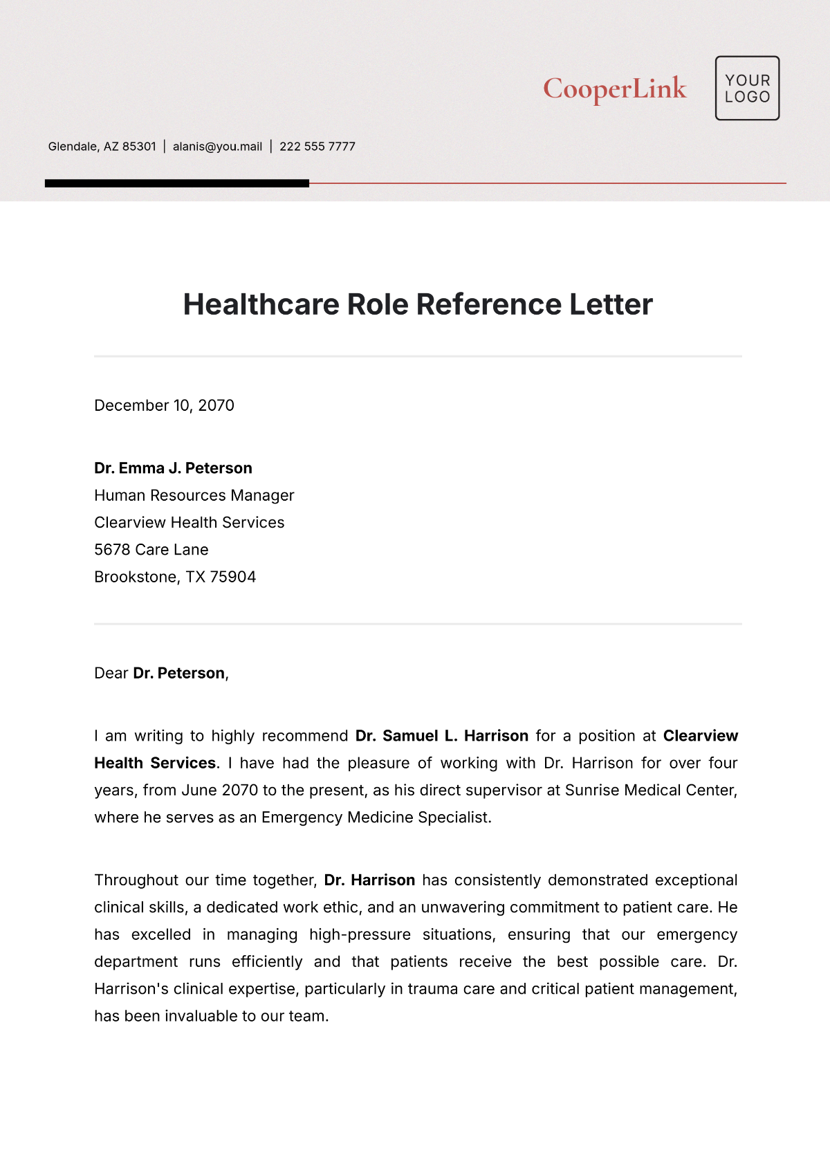 Healthcare Role Reference Letter Template - Edit Online & Download