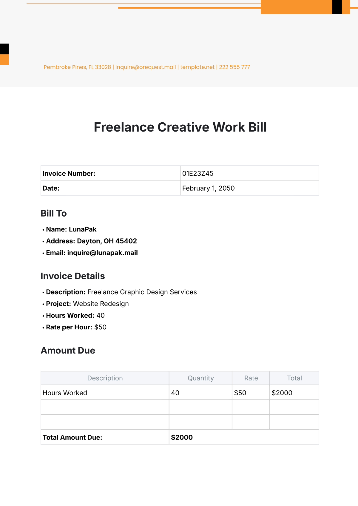 Freelance Creative Work Bill Template - Edit Online & Download