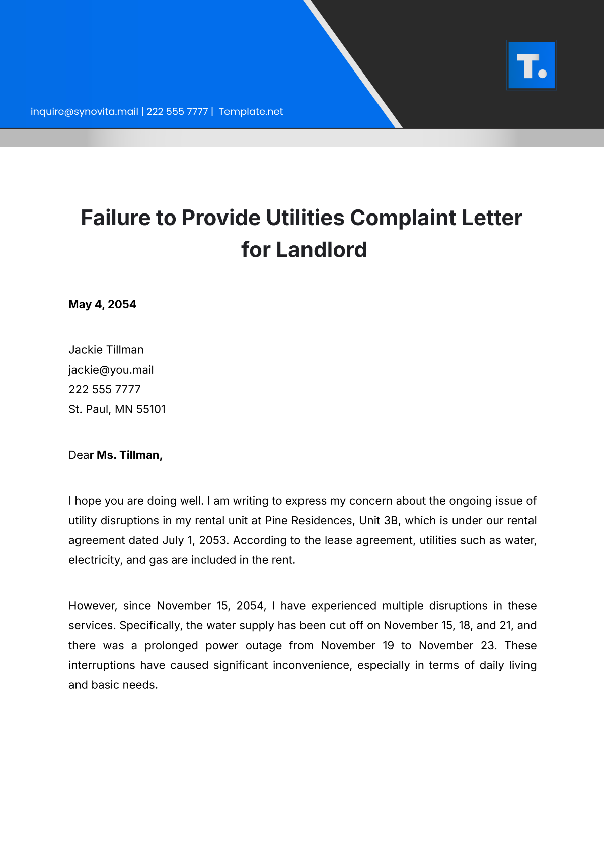 Failure To Provide Utilities Complaint Letter For Landlord Template - Edit Online & Download